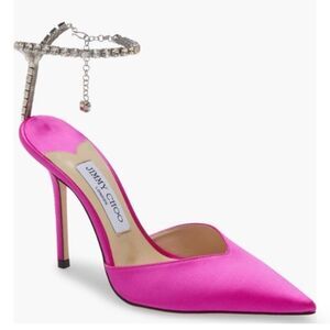 NEW Jimmy Choo Saeda 100 Crystal Embellished Satin Pumps Fuchsia size 38